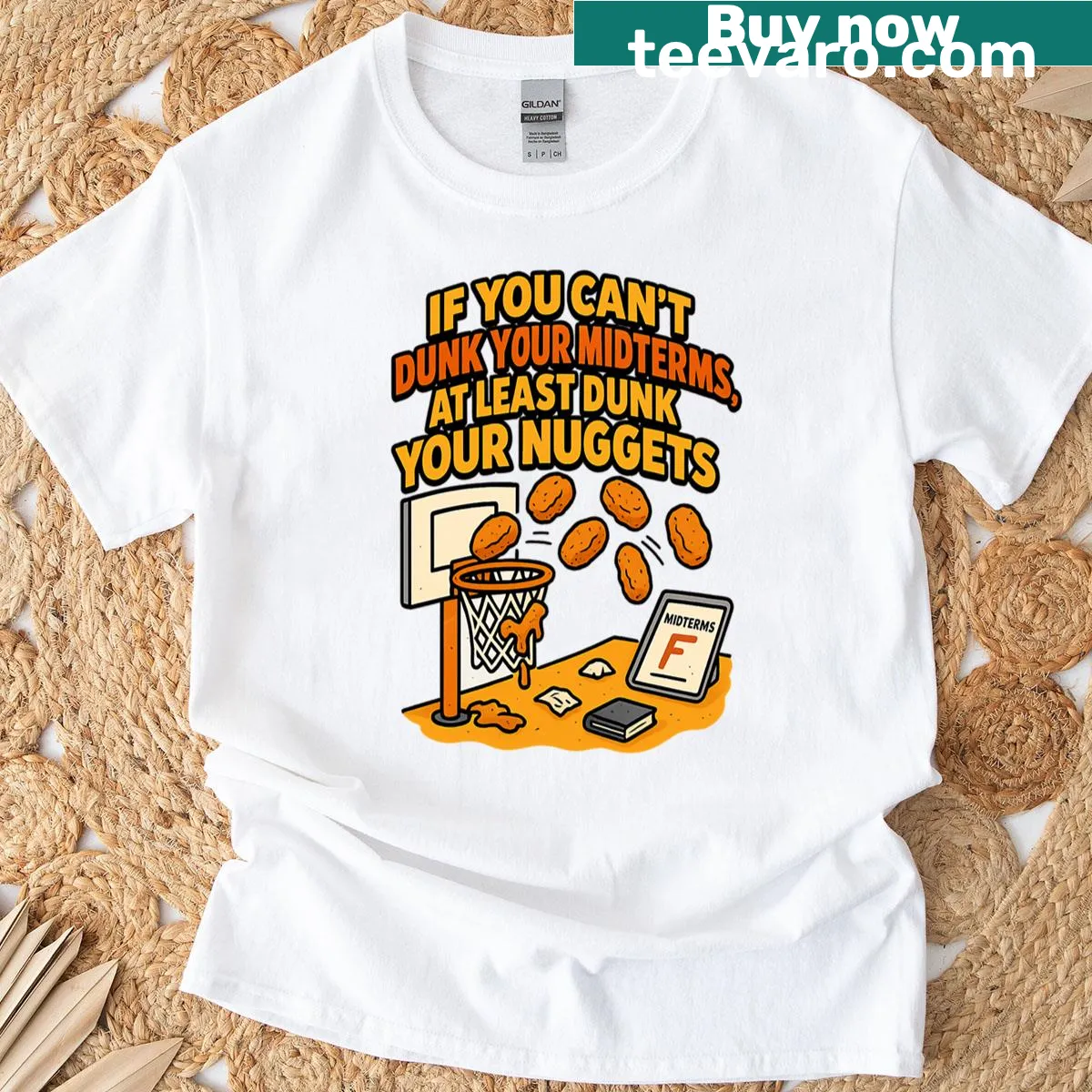 Humorous t-shirt with a playful phrase about midterms and nuggets — on a men's t-shirt