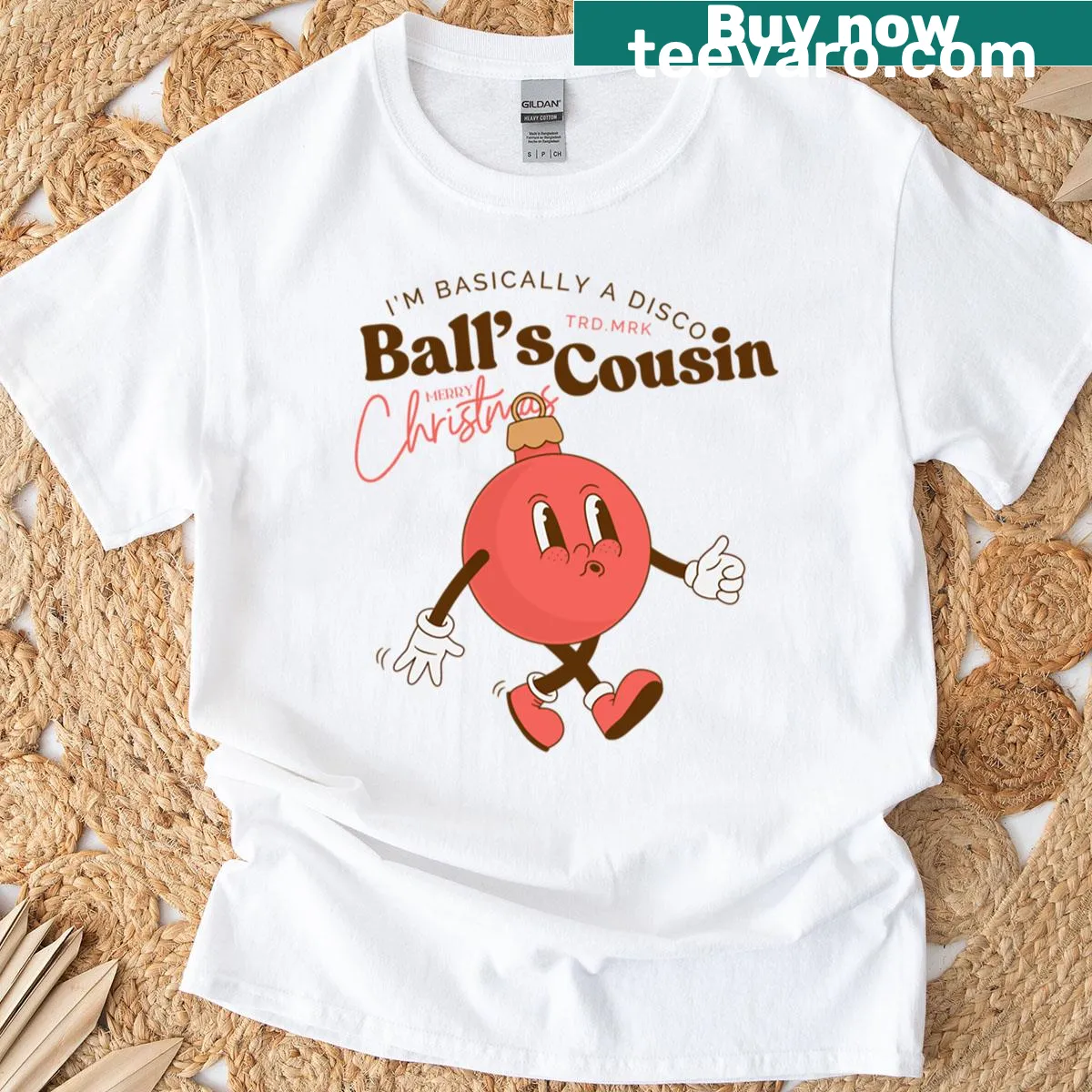 Playful T-shirt with a cartoon saying about being a disco ball's cousin — on a men's t-shirt