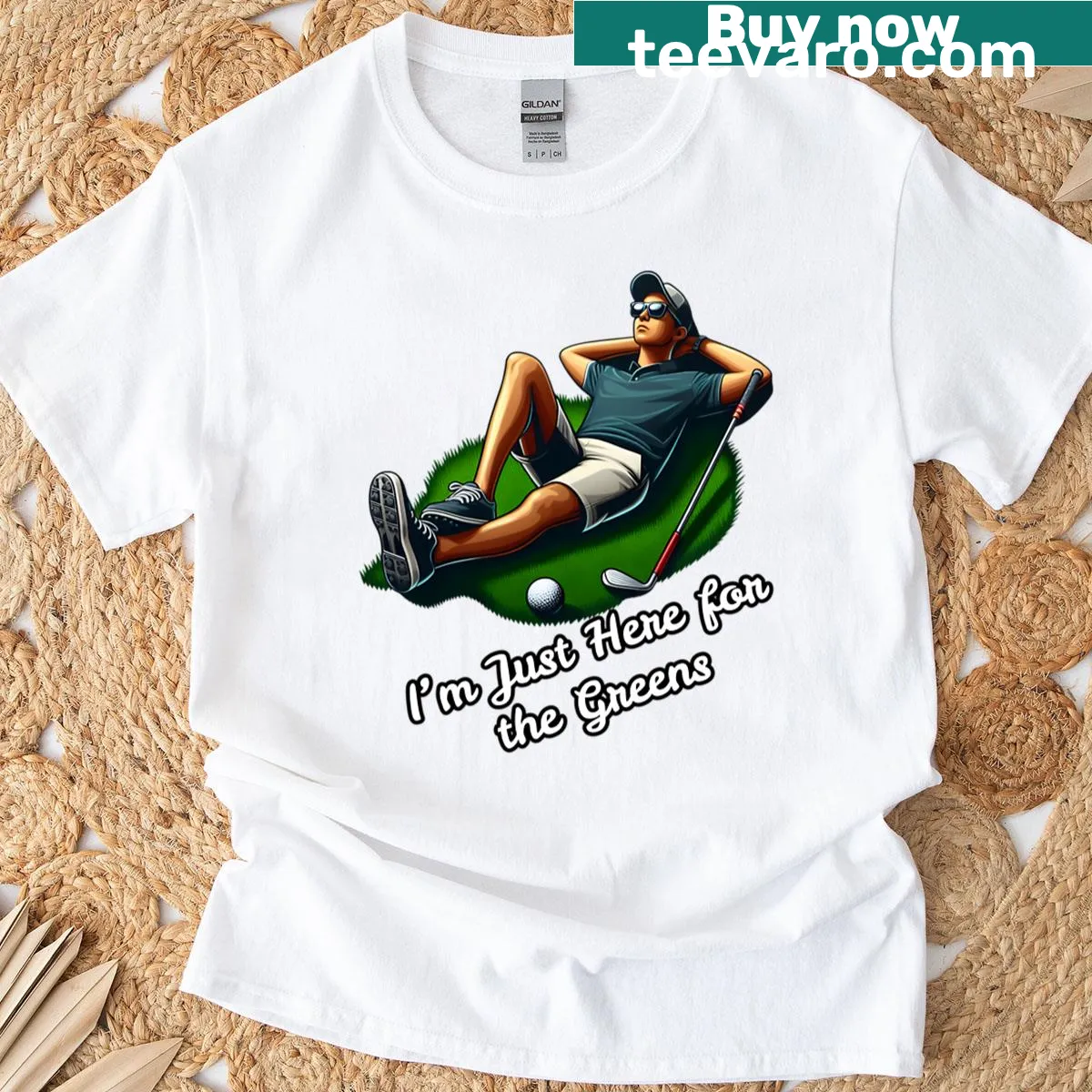 Funny golf t-shirt with the phrase 'I'm Just Here For The Greens' — on a men's t-shirt
