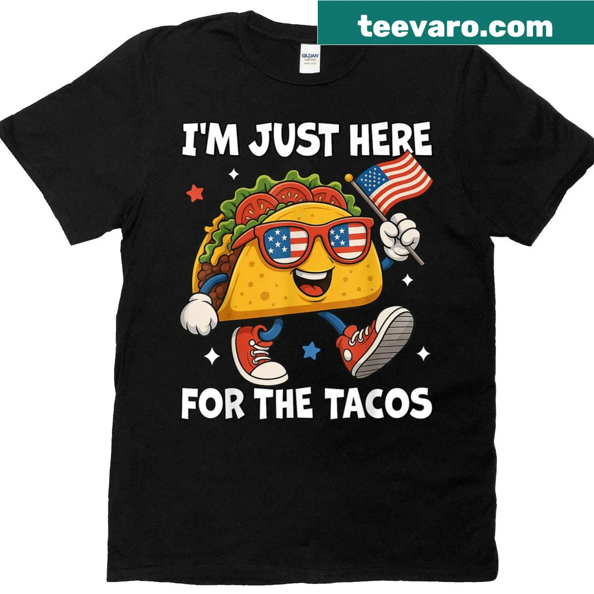 Funny 4th of July t-shirt with a taco-themed message — on a men's t-shirt