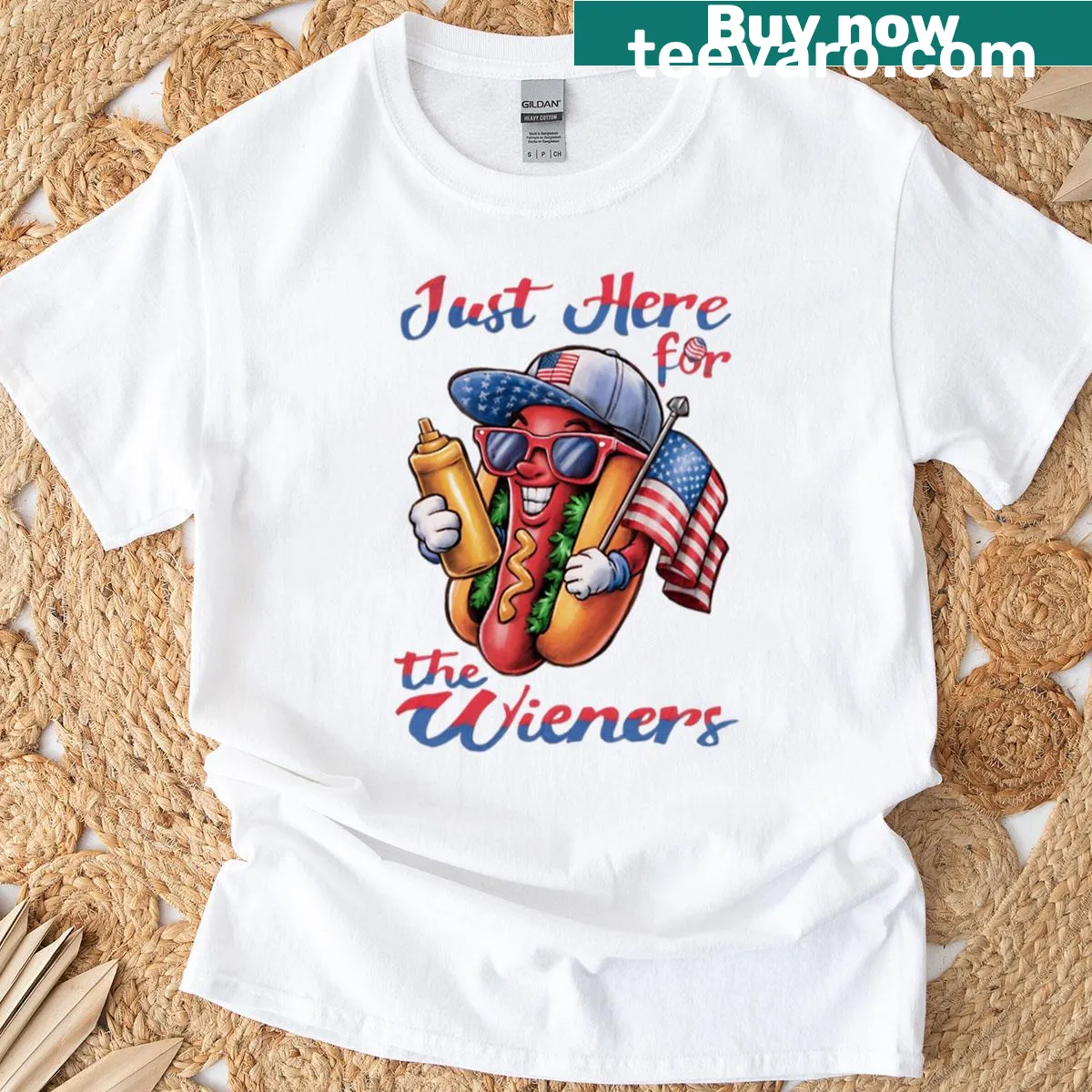 Patriotic t-shirt reading 'I'm Just Here For The Wieners' — on a men's t-shirt