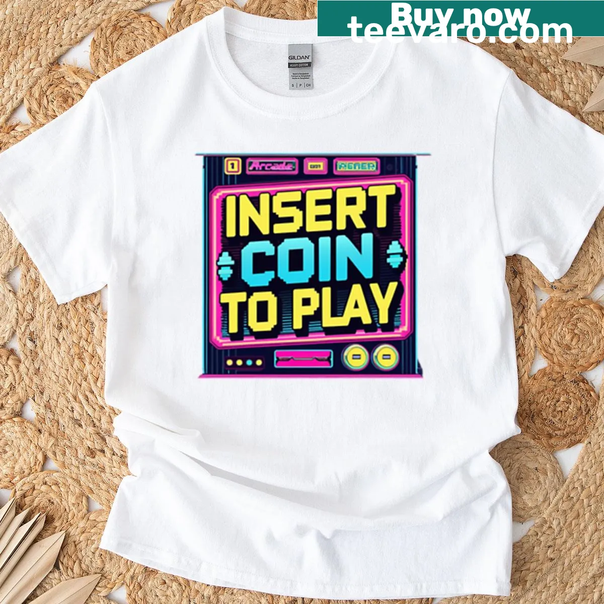 T-shirt with a vintage arcade pixel art design featuring 'Insert Coin.' — on a men's t-shirt