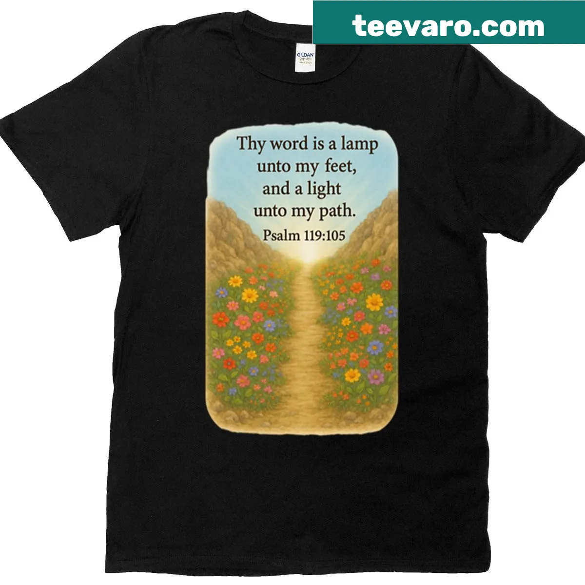 Inspirational t-shirt with Psalm 119:105 quote in elegant font — on a men's t-shirt