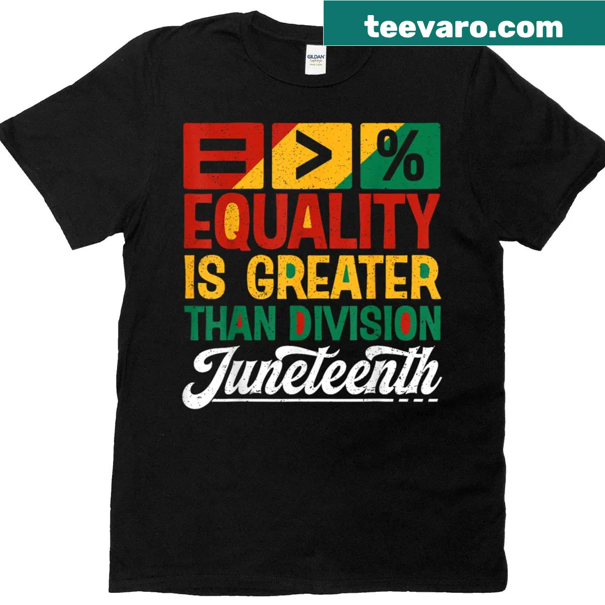 Juneteenth math-themed t-shirt with 'Equality Is Greater Than Division' design — on a men's t-shirt