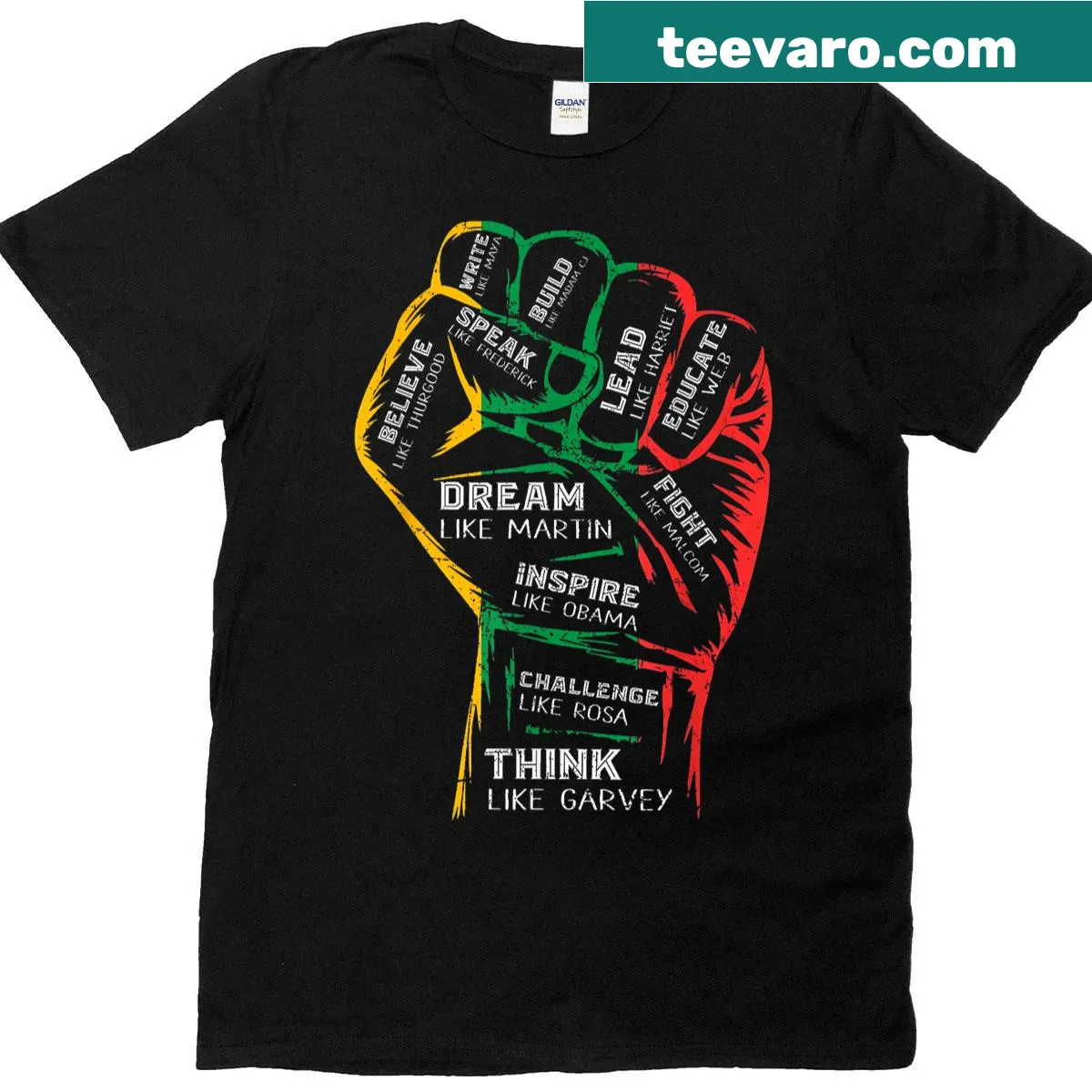 Inspirational Juneteenth t-shirt with 'Dream Like Leaders' text — on a men's t-shirt