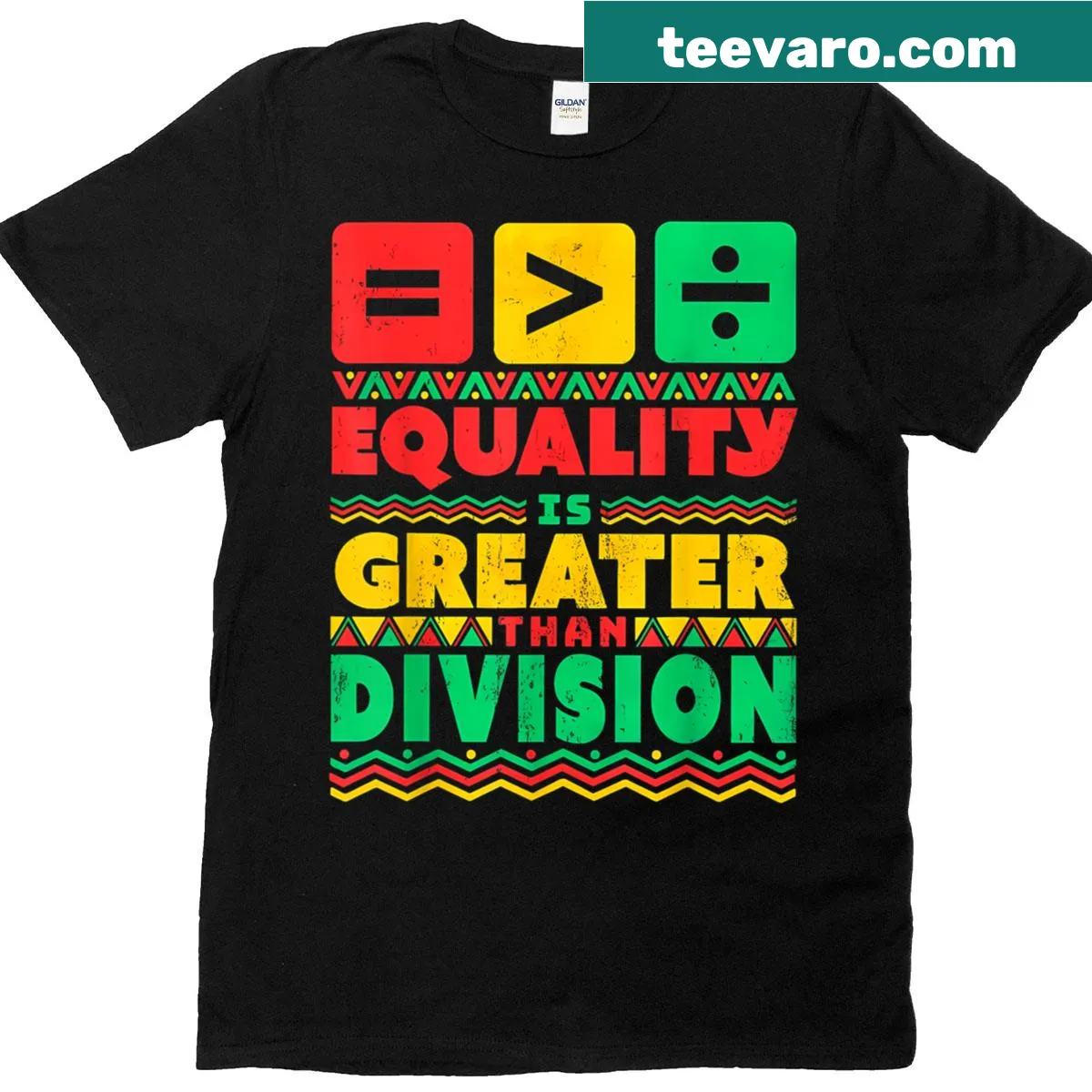 Inclusive Juneteenth t-shirt with 'Equality Is Greater Than Division' text — on a men's t-shirt
