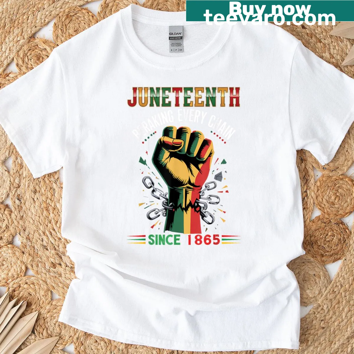 Juneteenth t-shirt with 'Breaking Every Chain Since 1865' text — on a men's t-shirt