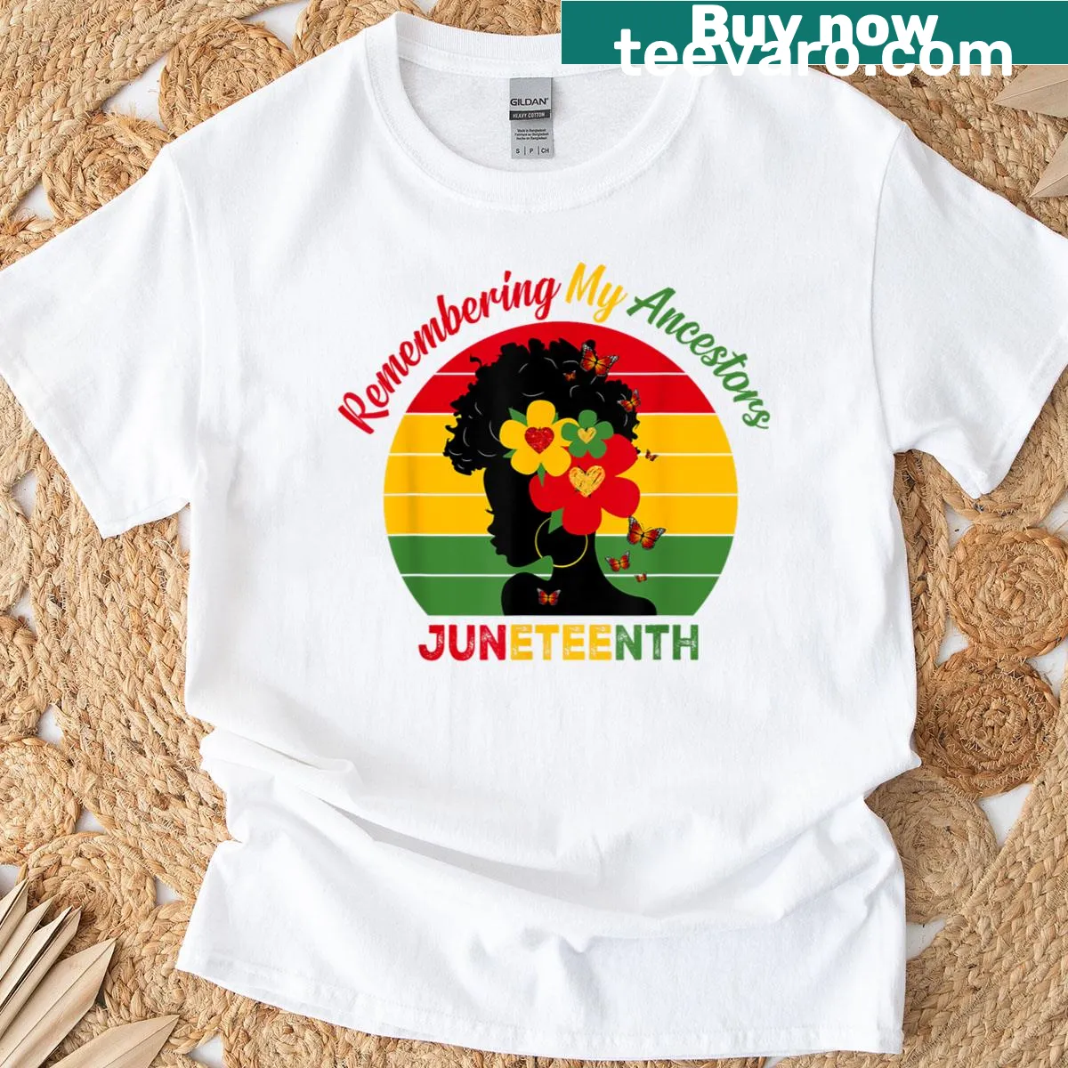 Juneteenth t-shirt with text 'Remembering My Ancestors 1865' — on a men's t-shirt