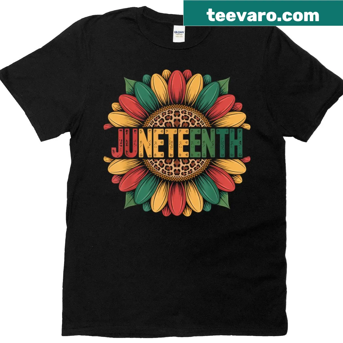 Sunflower graphic design celebrating Juneteenth on a T-shirt. — on a men's t-shirt
