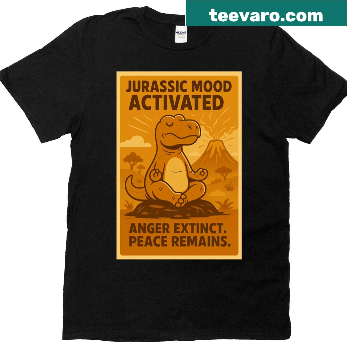Cartoon T-rex meditating graphic T-shirt — on a men's t-shirt