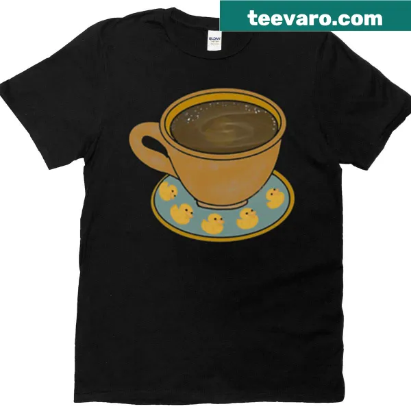 Cute duck with a cup of coffee on a t-shirt