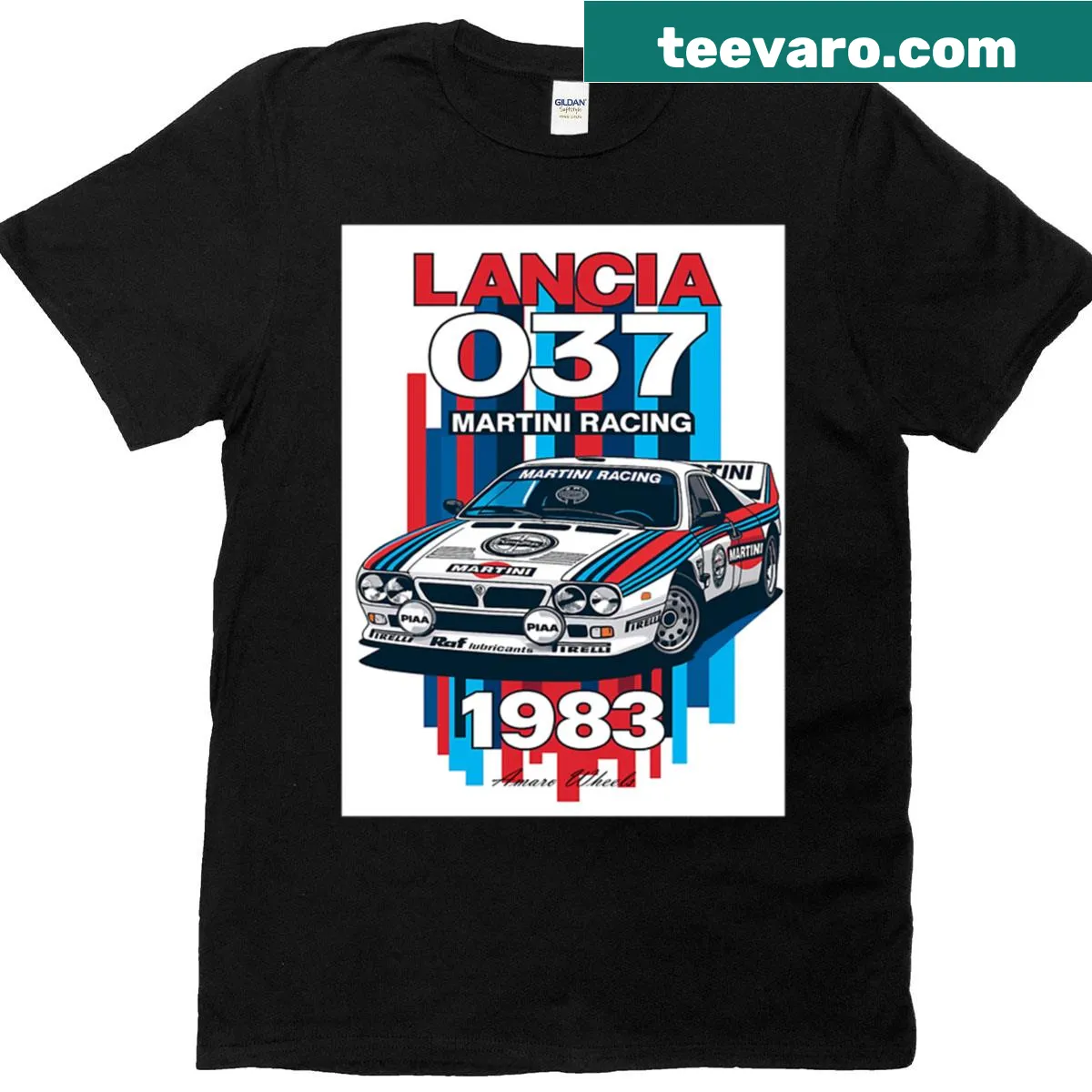 Illustration of the classic Lancia 037 car in Martini Racing colors. — on a men's t-shirt