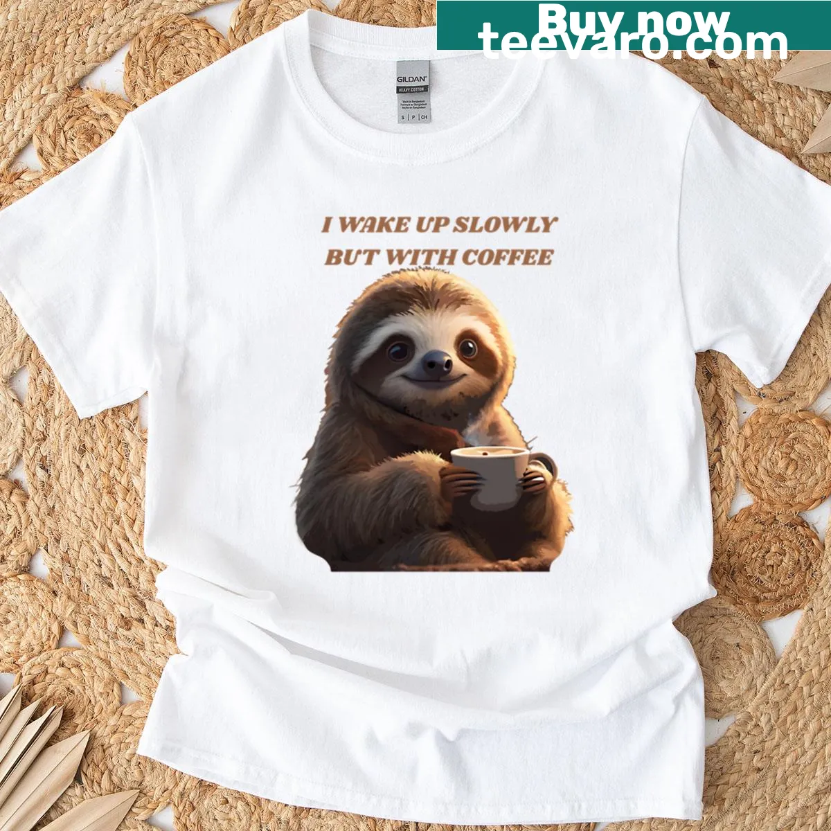 Funny coffee-themed T-shirt with a slogan about waking up slowly — on a men's t-shirt