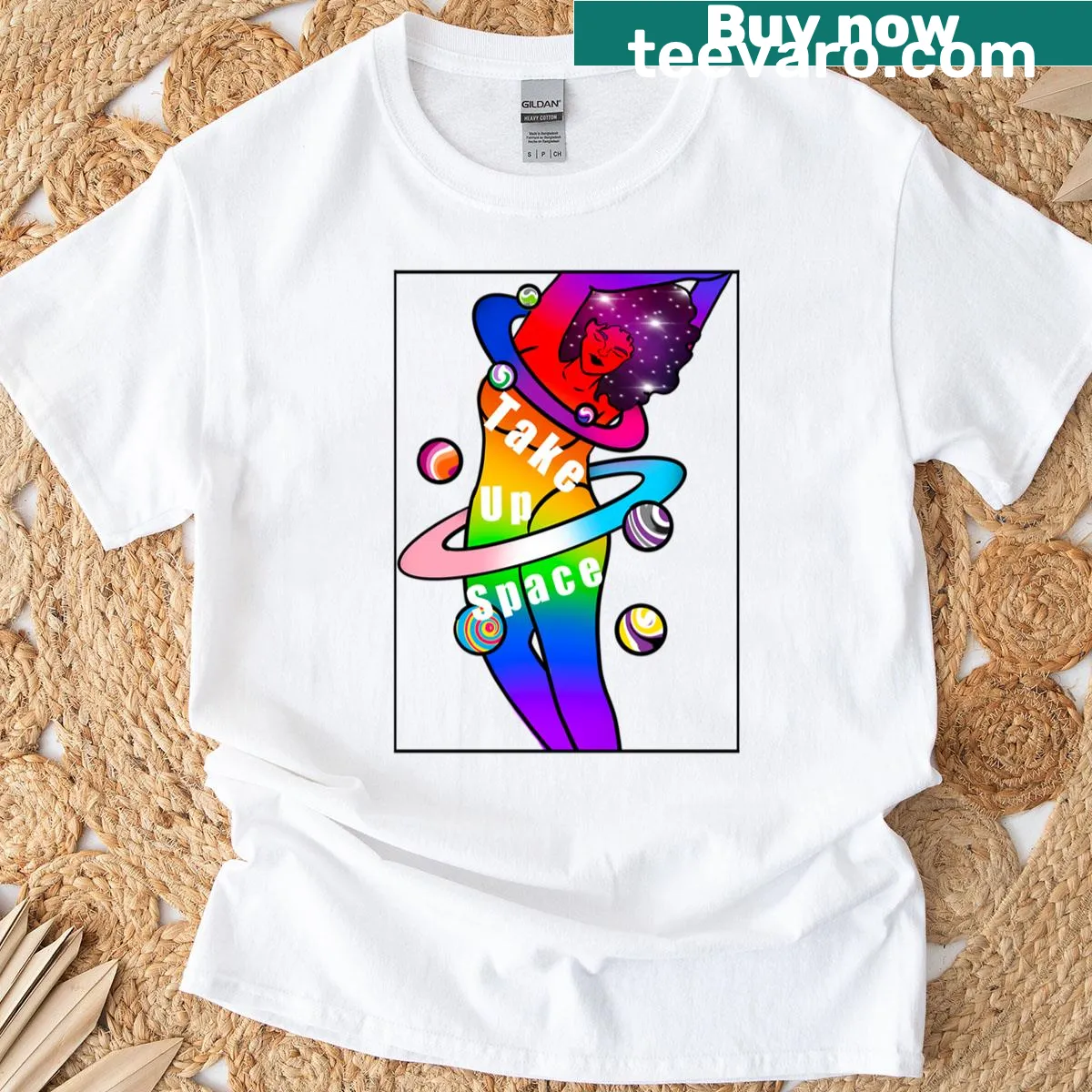 Framed T-shirt with 'Take Up Space' LGBTQ+ message — on a men's t-shirt