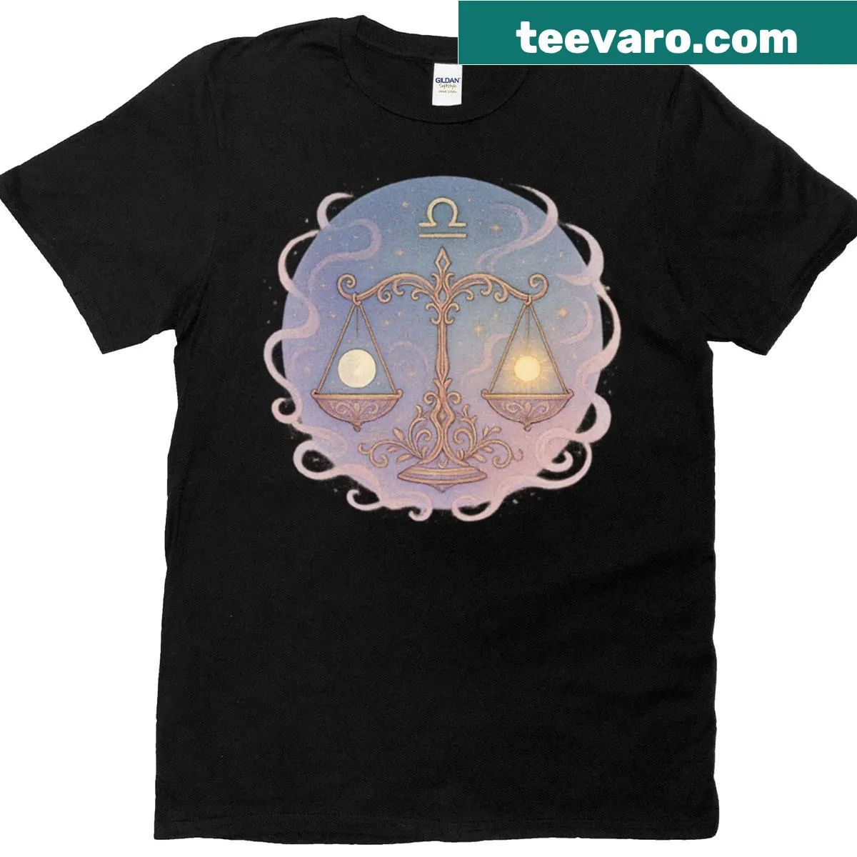 T-shirt with Libra zodiac sign illustration and balanced scales — on a men's t-shirt