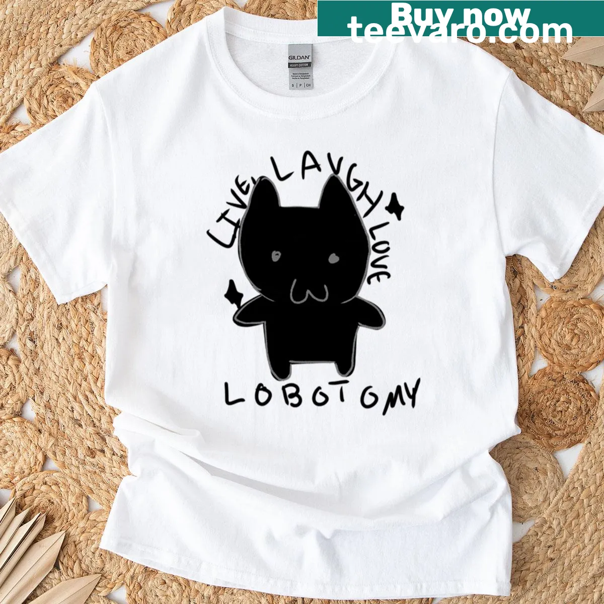 Oversized T-shirt with a humorous cat illustration and text — on a men's t-shirt