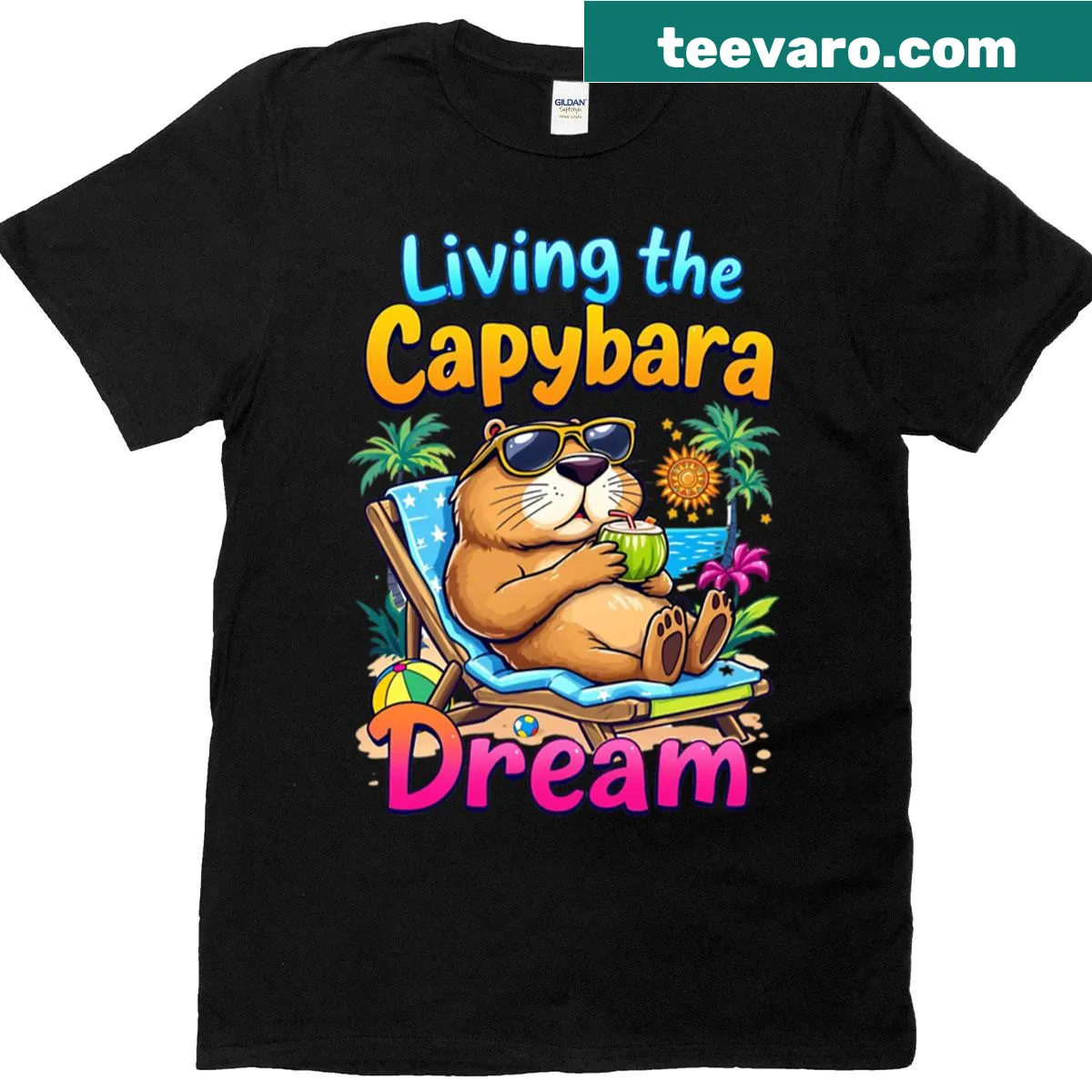 Illustration of capybaras enjoying a tropical vacation on a T-shirt. — on a men's t-shirt