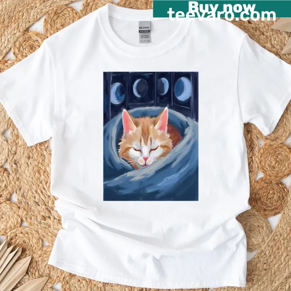 Illustration of a cozy cat under a moonlight with stars