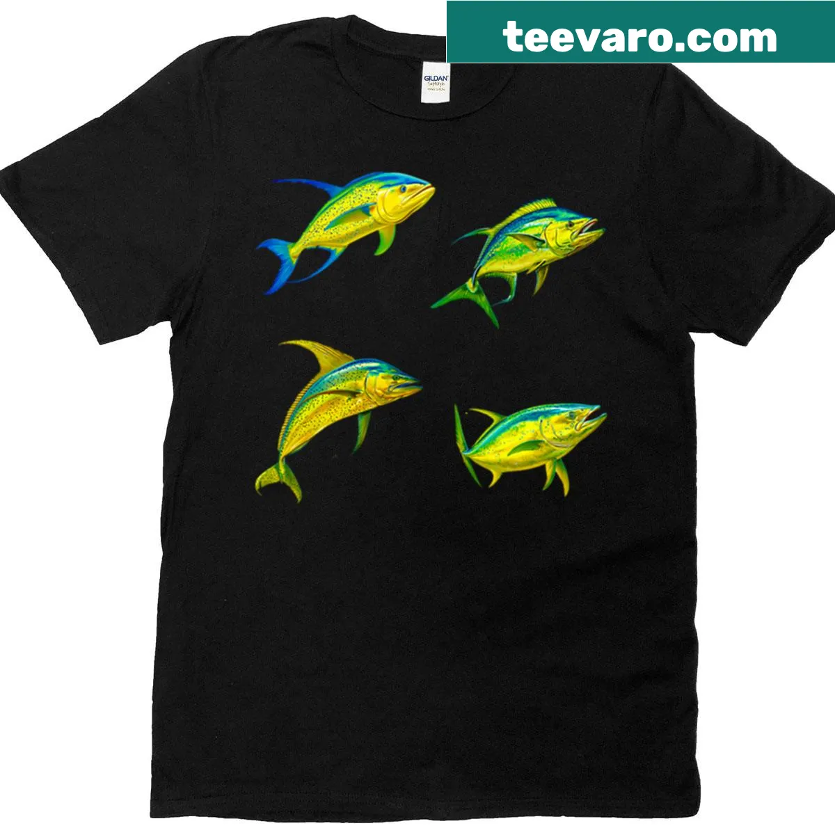 Illustration of colorful mahi mahi fishes on a T-shirt. — on a men's t-shirt