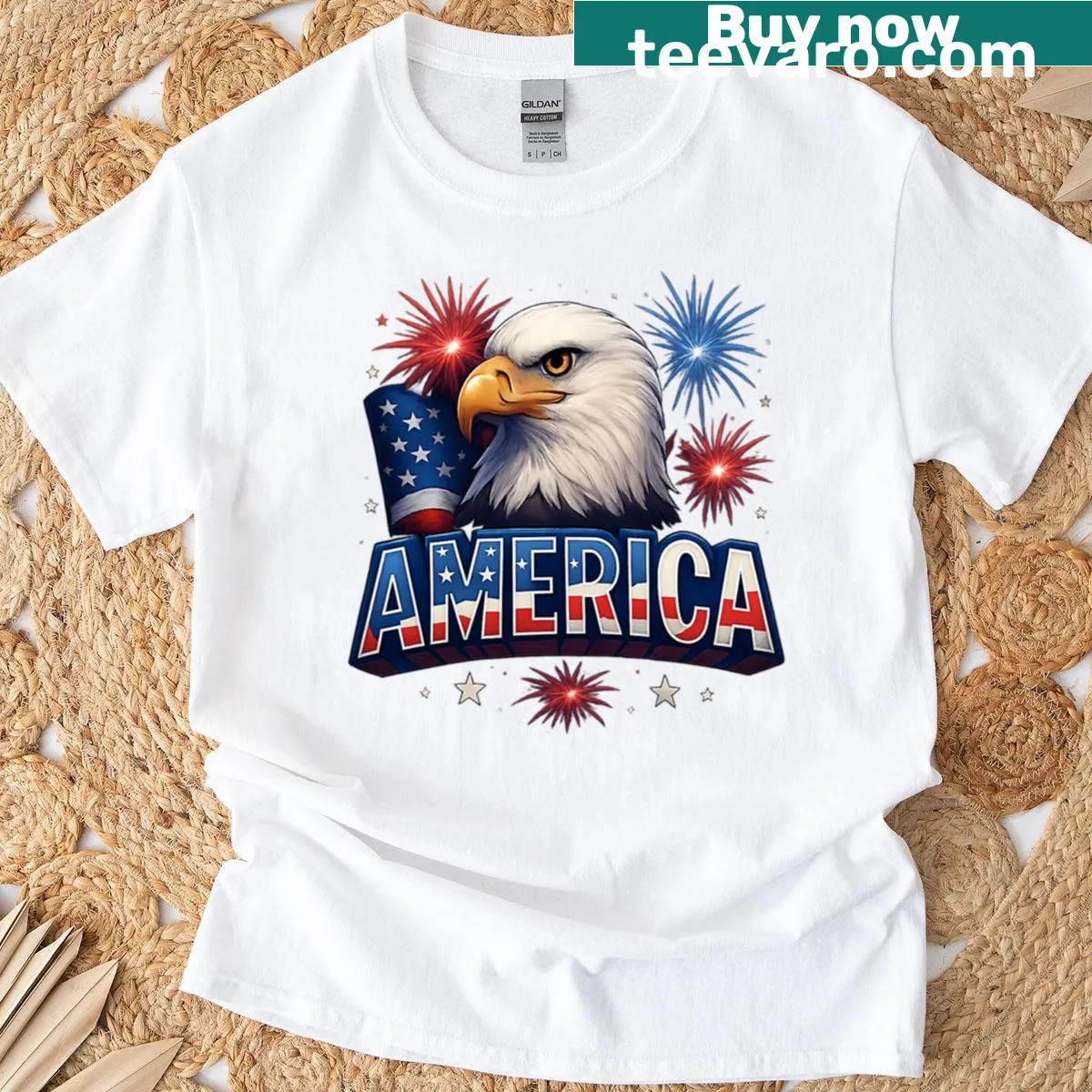 3D eagle and fireworks design on a patriotic T-shirt — on a men's t-shirt