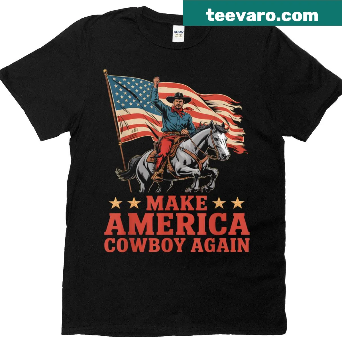 Patriotic T-shirt with Make America Cowboy Again text design. — on a men's t-shirt