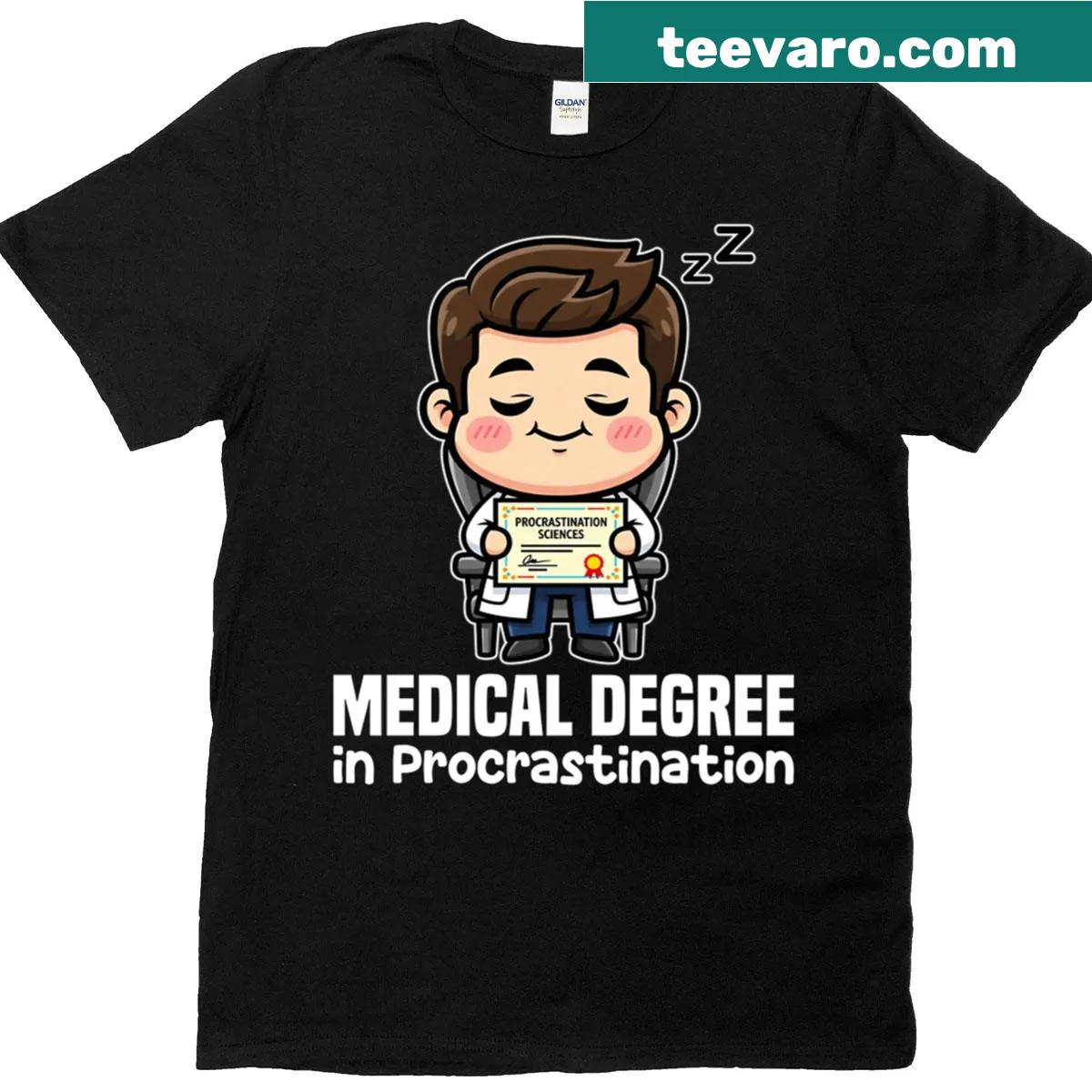 Funny T-shirt for doctors stating 'Medical Degree In Procrastination' — on a men's t-shirt