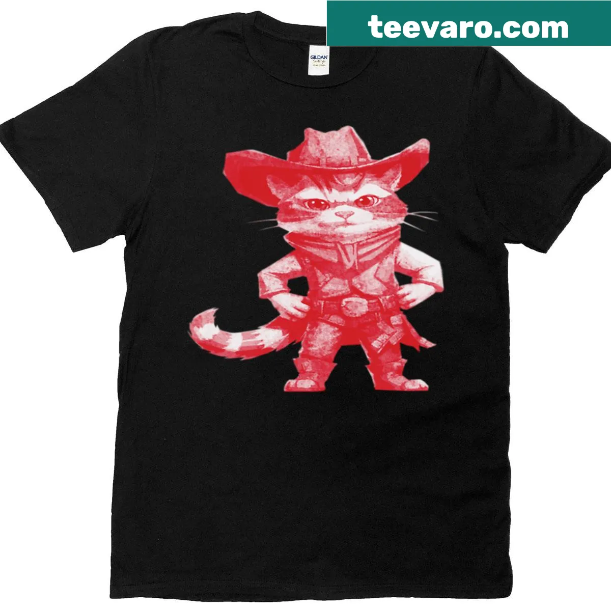 Cartoon T-shirt with a cowboy cat and 'Meowdy' text — on a men's t-shirt