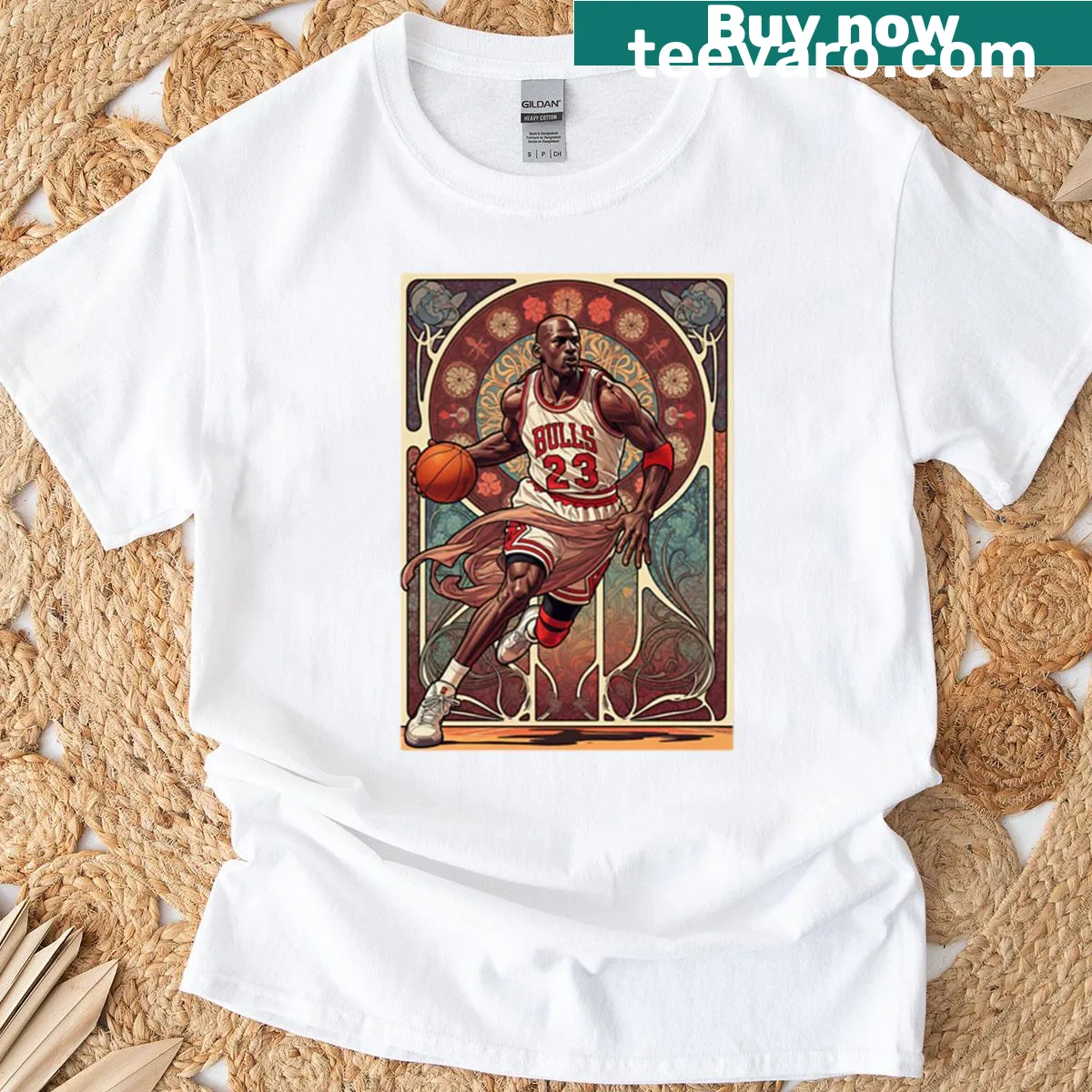 Art Nouveau style Michael Jordan graphic on oversized T-shirt — on a men's t-shirt
