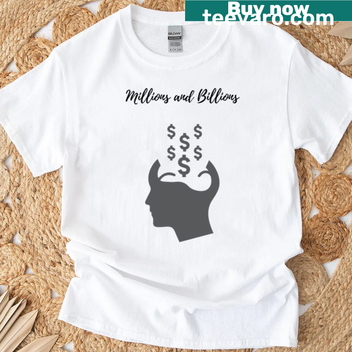 Illustration of a brain with money theme printed on a t-shirt — on a men's t-shirt