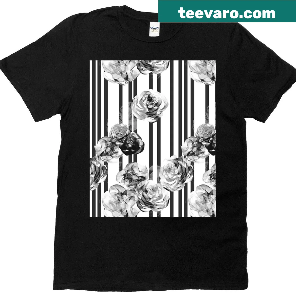 Monochrome roses and stripes floral graphic T-shirt — on a men's t-shirt