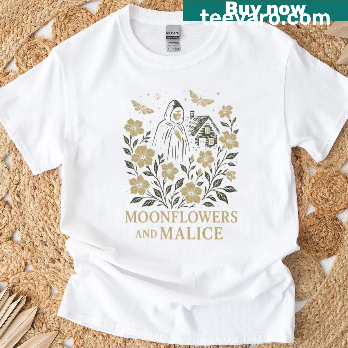 Gothic cottage and witch design on a boxy t-shirt — on a men's t-shirt