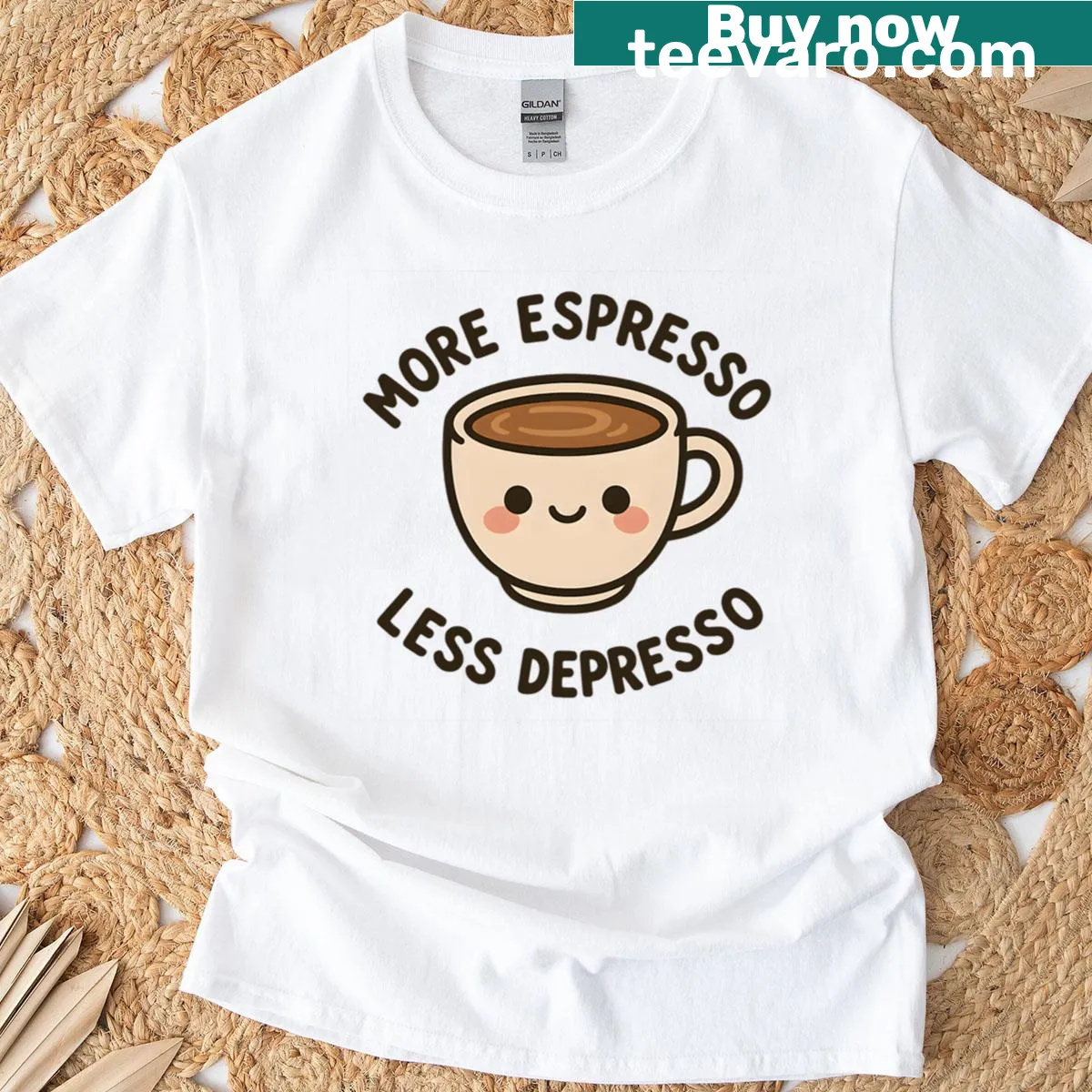 Cute coffee cup design with the phrase 'More Espresso Less Depresso' on a t-shirt — on a men's t-shirt