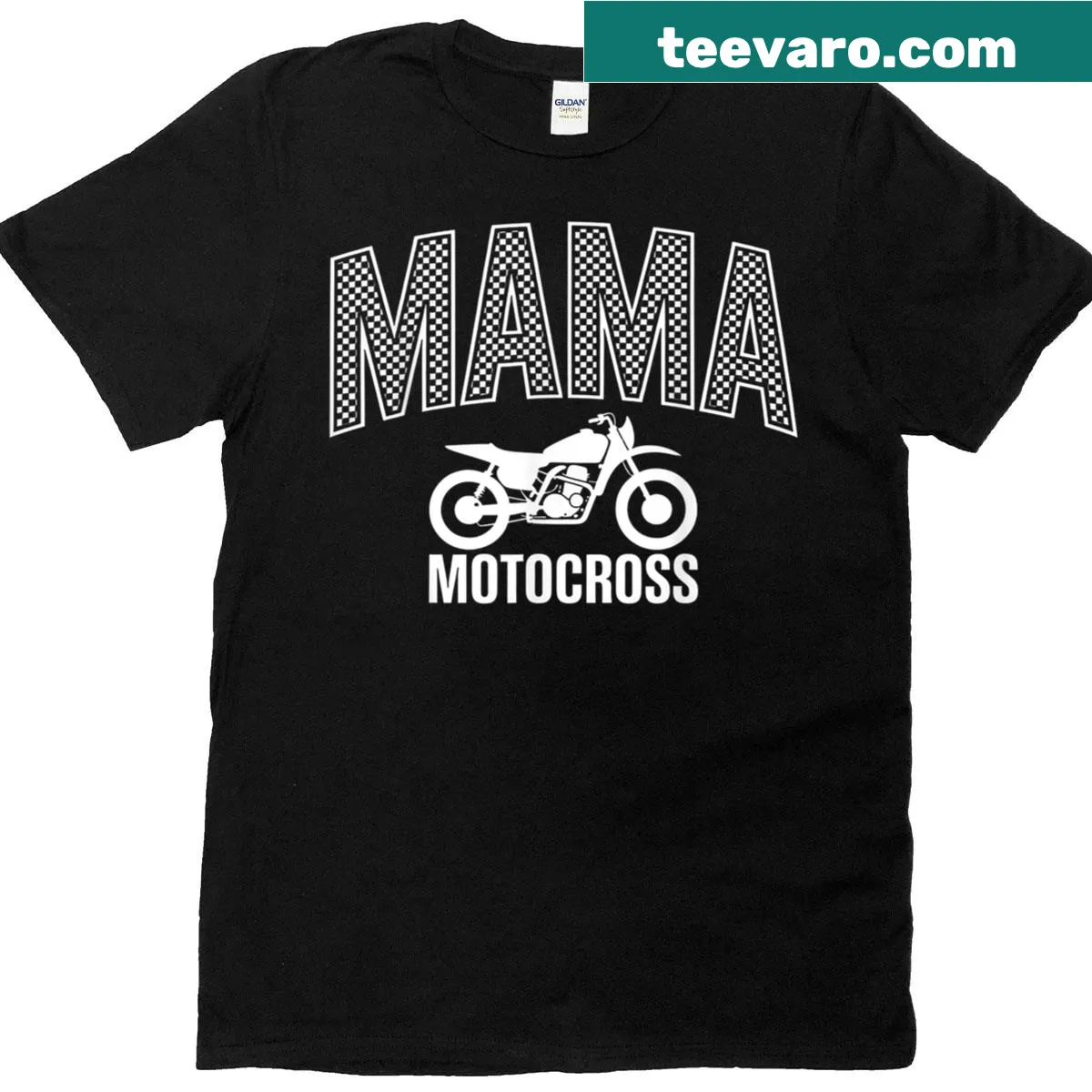 Motocross Mama T-shirt with checkered dirt bike design — on a men's t-shirt