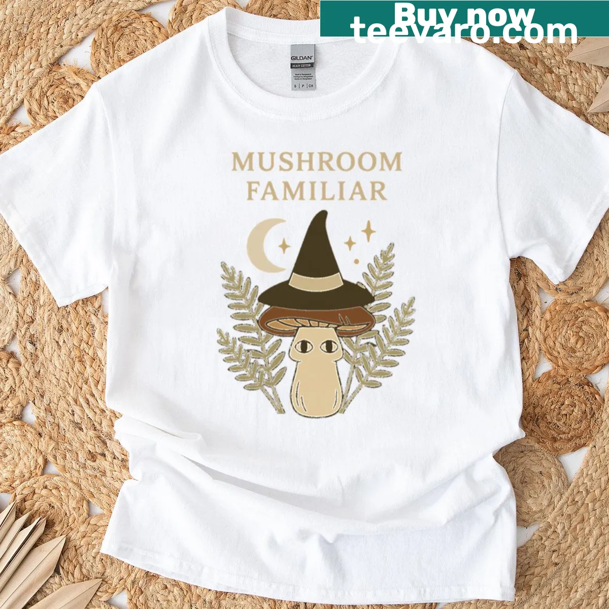 Whimsical mushroom and witch hat design with mystical glow — on a men's t-shirt