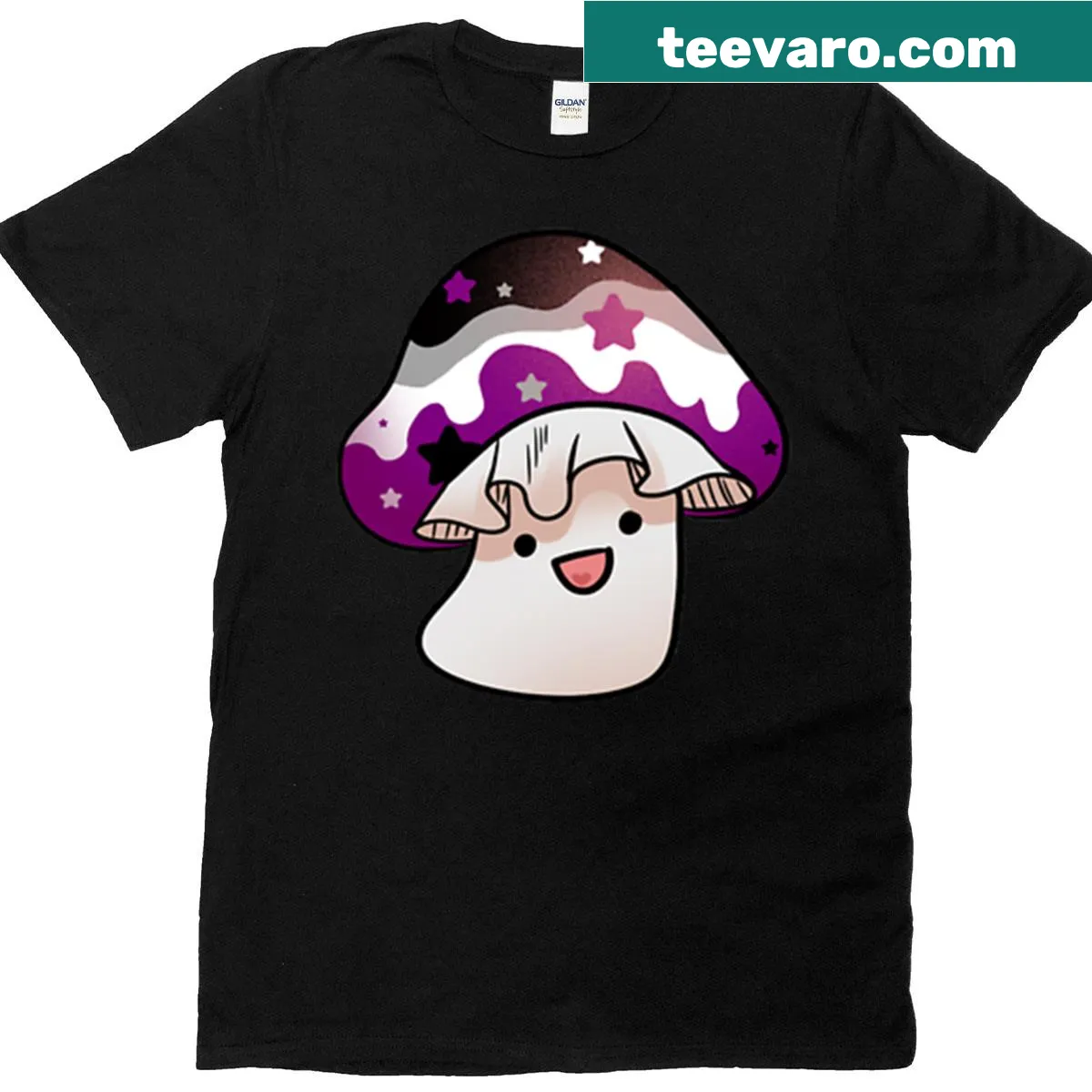 Mushroom graphic with asexual flag colors on t-shirt — on a men's t-shirt