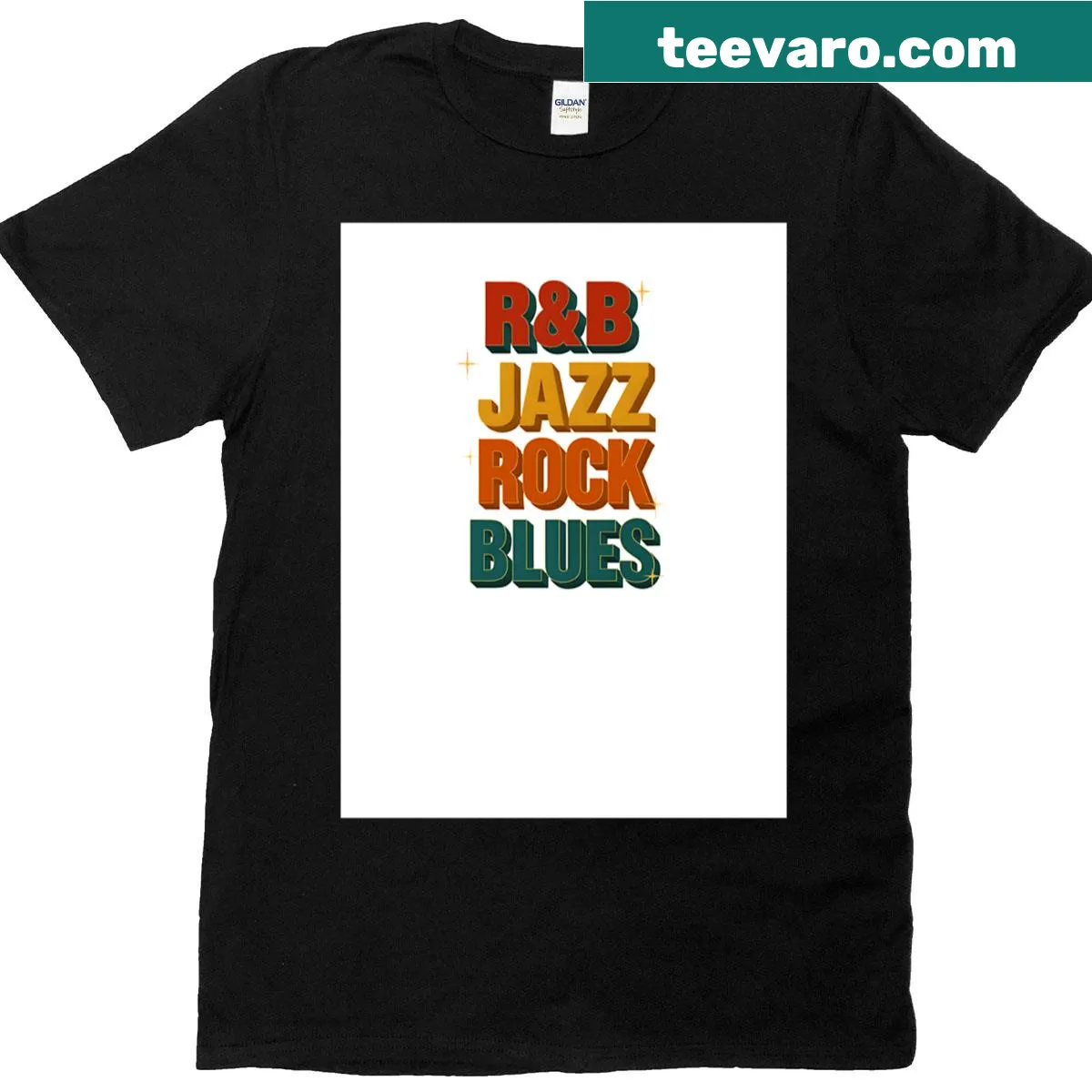 Typography celebrating various music genres on a T-shirt. — on a men's t-shirt