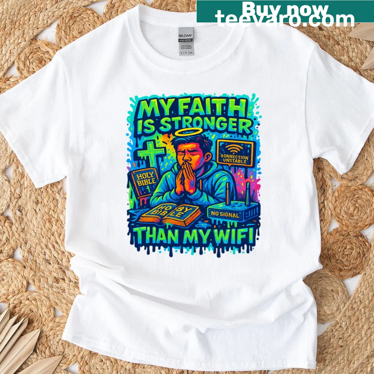 Typography T-shirt stating faith is stronger than wifi — on a men's t-shirt