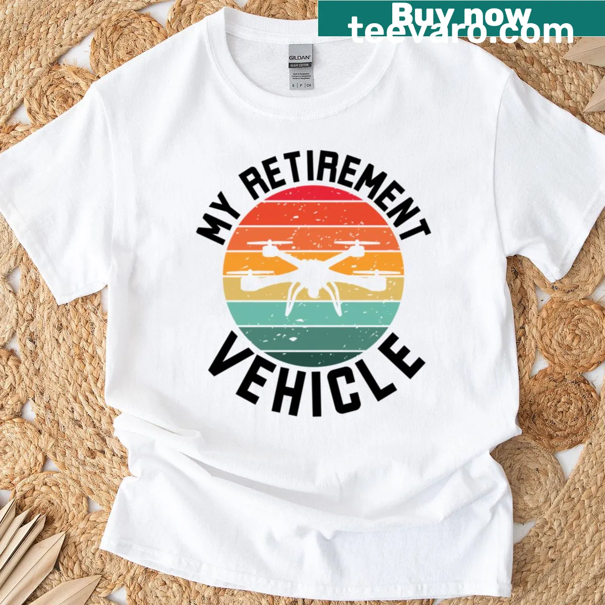 Funny t-shirt featuring a drone and retirement theme. — on a men's t-shirt