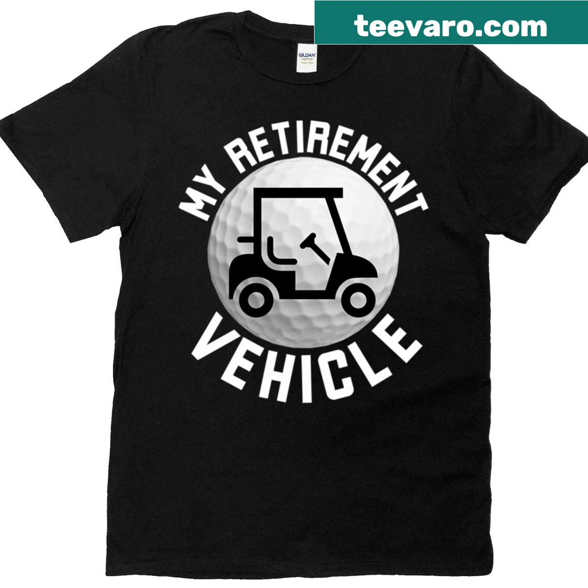 Funny golfer retirement t-shirt featuring a golf cart illustration — on a men's t-shirt