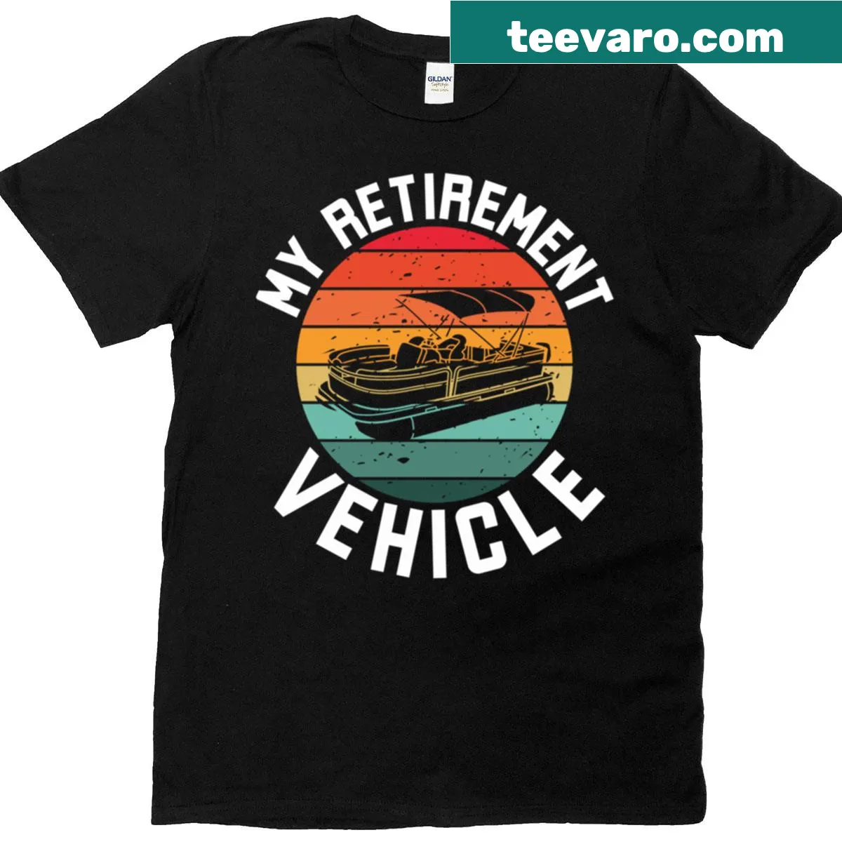 Funny pontoon boat retirement vehicle graphic T-shirt — on a men's t-shirt