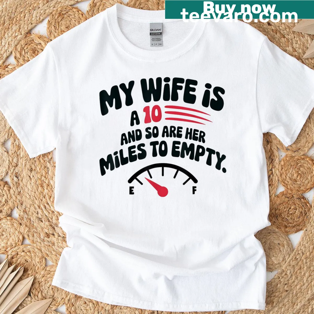Funny couple-themed t-shirt with humorous text about mileage — on a men's t-shirt