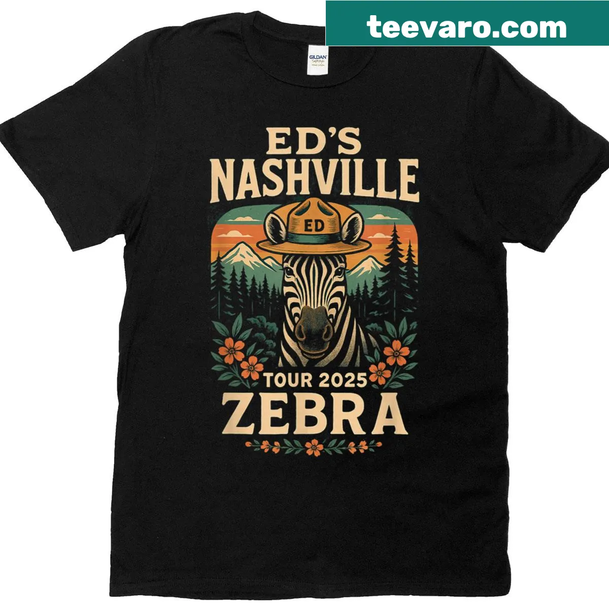 Illustration of a zebra named Ed themed around Nashville on a T-shirt. — on a men's t-shirt