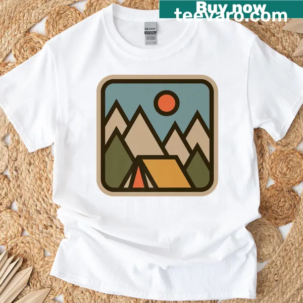 Camping scene with mountains and tent graphic on t-shirt