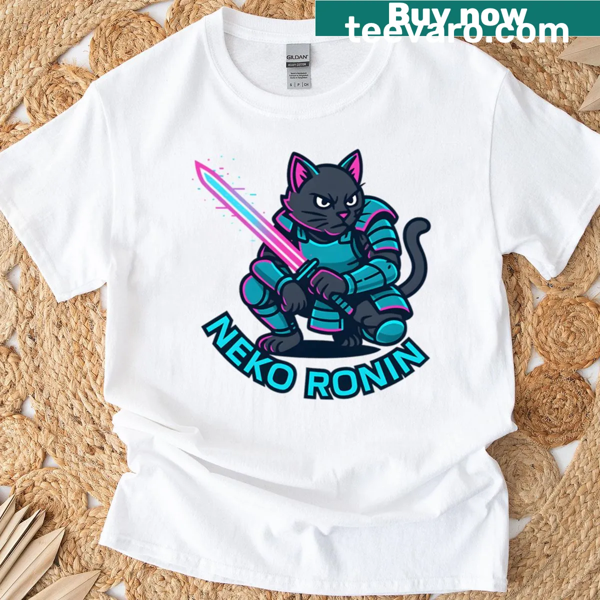 Cyber samurai cat graphic on active t-shirt — on a men's t-shirt