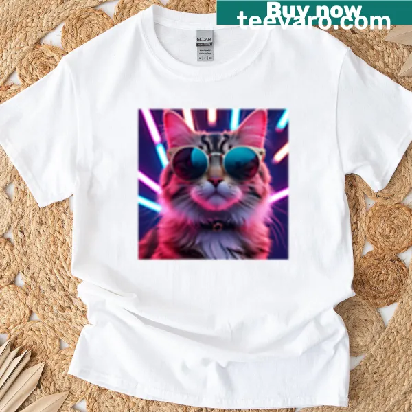 Neon T-shirt featuring a cartoon cat with sunglasses.