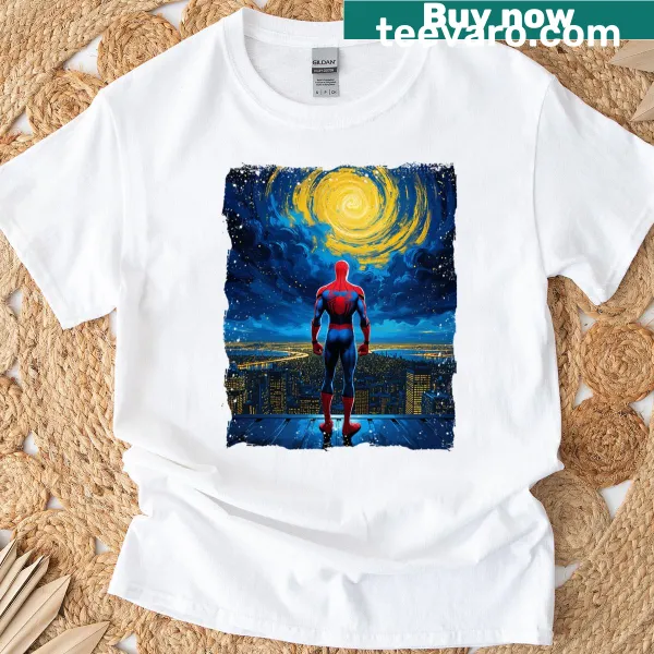 Vigilante silhouette t-shirt featuring a cosmic sky design.
