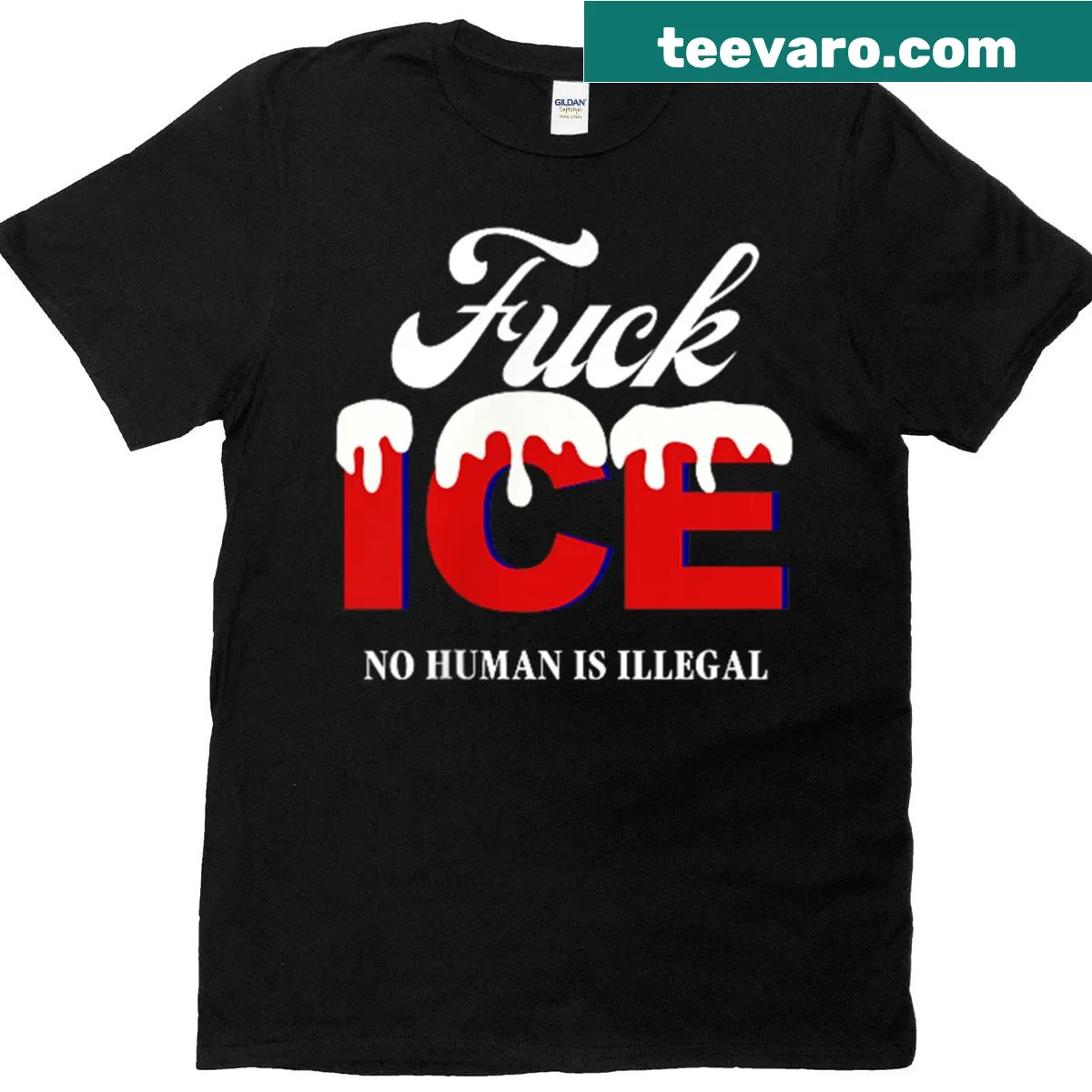 Bold typographic t-shirt with 'No Human Is Illegal On Stolenland' text — on a men's t-shirt