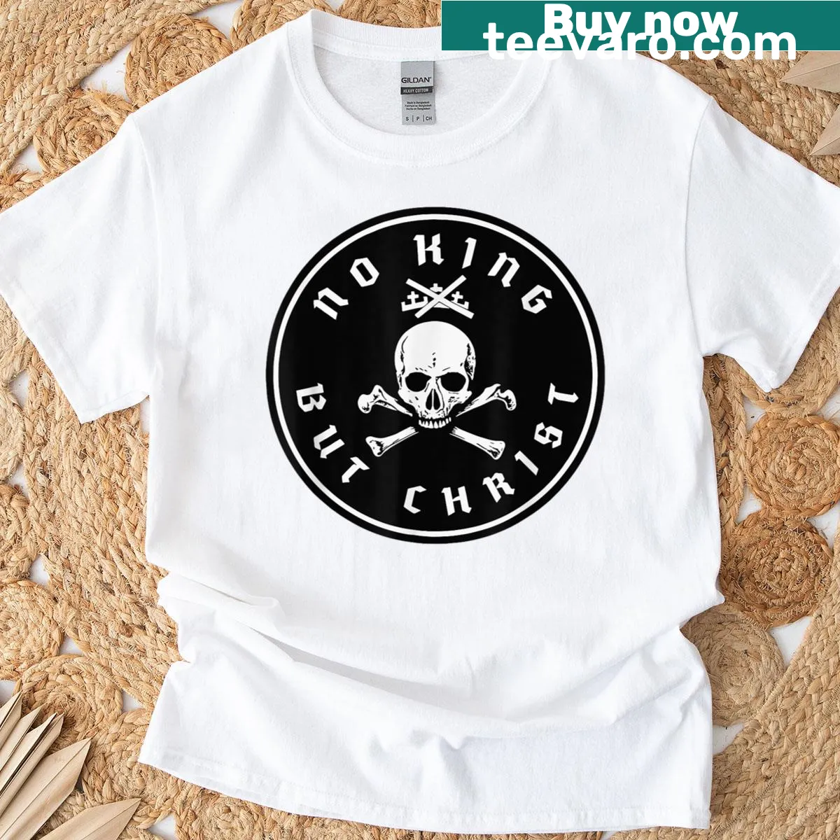 Typographical t-shirt featuring 'No King But Christ' text. — on a men's t-shirt