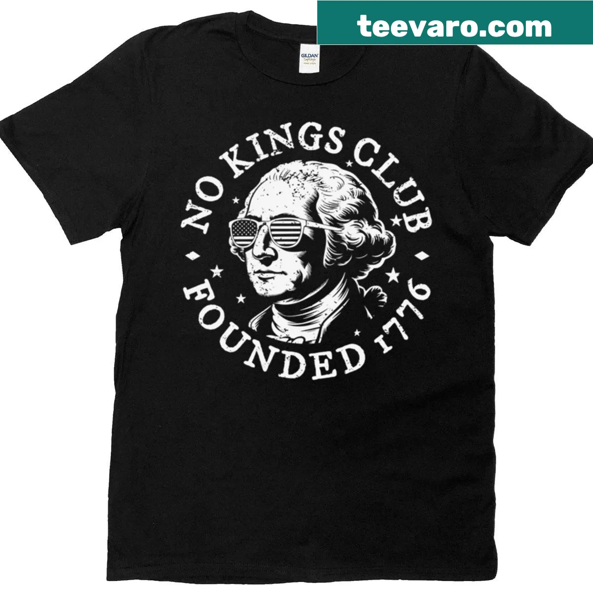 Vintage distressed t-shirt with 'No Kings Club Founded 1776' text — on a men's t-shirt