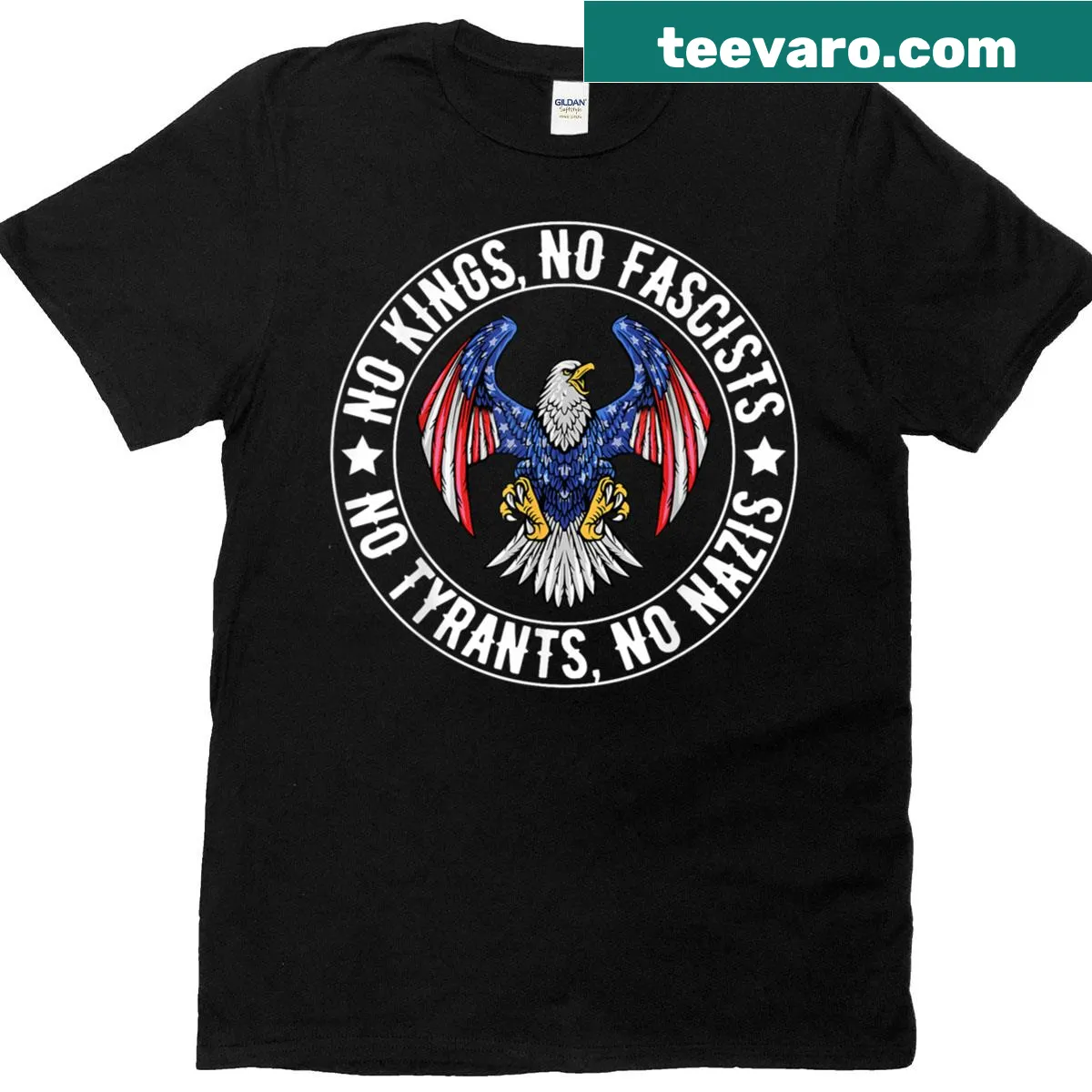 Political t-shirt with message 'No Kings In America No Fascists' — on a men's t-shirt